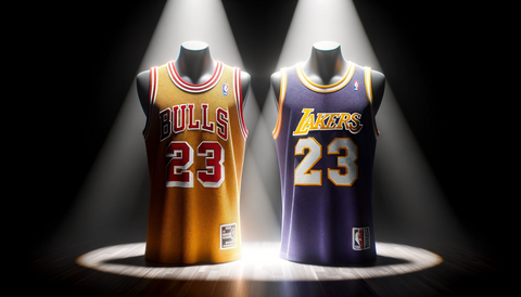 two throwback jerseys of the lakers and bulls